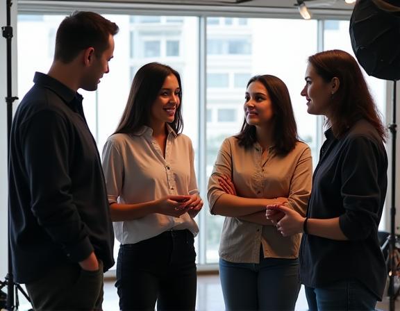 Pasukan Lensa Emas Visuals sedang berbincang di studio